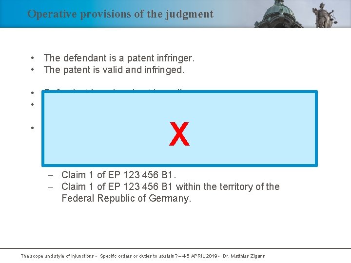 Operative provisions of the judgment • The defendant is a patent infringer. • The