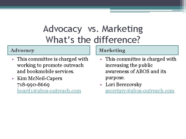 Advocacy vs. Marketing What’s the difference? Advocacy Marketing • This committee is charged with