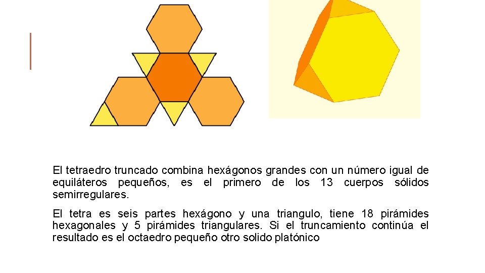 El tetraedro truncado combina hexágonos grandes con un número igual de equiláteros pequeños, es