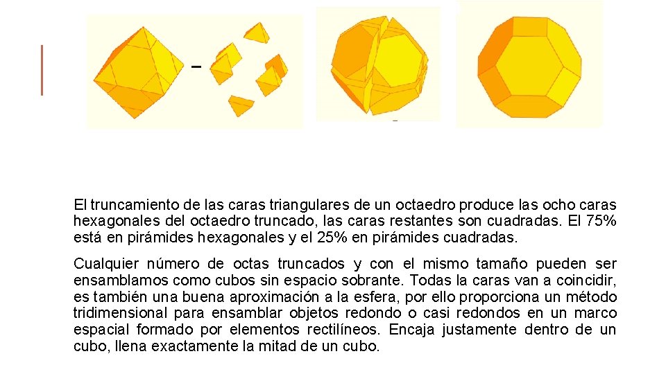 El truncamiento de las caras triangulares de un octaedro produce las ocho caras hexagonales