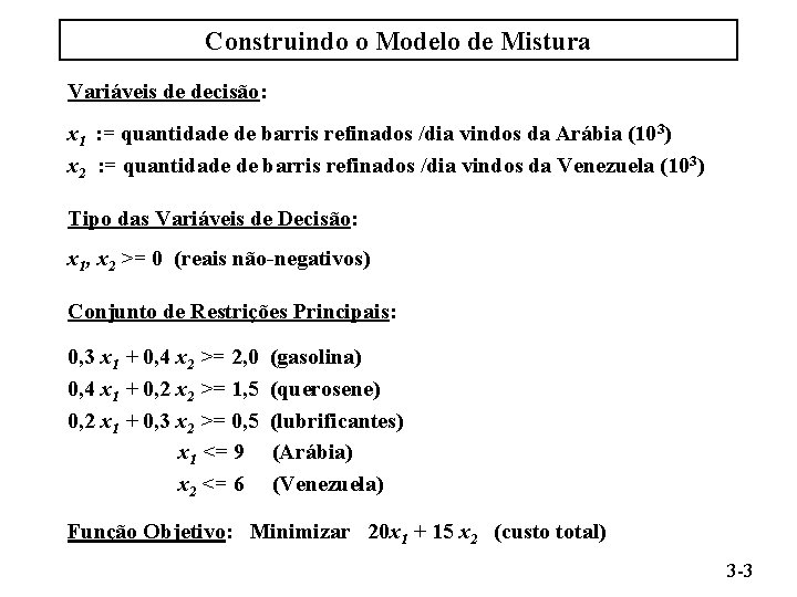 Construindo o Modelo de Mistura Variáveis de decisão: x 1 : = quantidade de