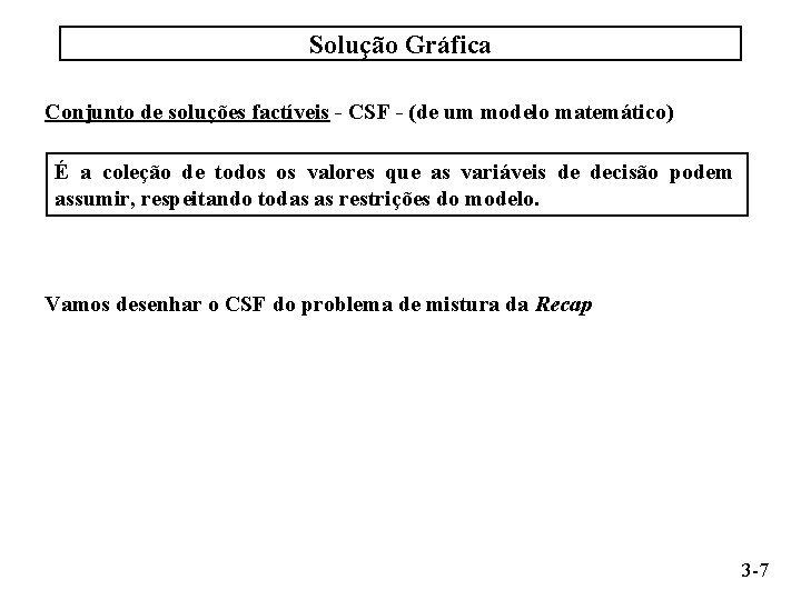 Solução Gráfica Conjunto de soluções factíveis - CSF - (de um modelo matemático) É