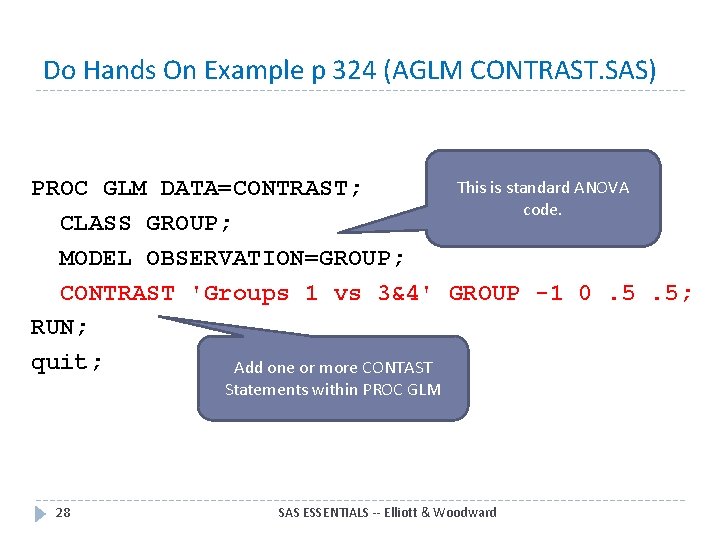 Do Hands On Example p 324 (AGLM CONTRAST. SAS) This is standard ANOVA PROC
