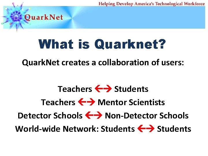 What is Quarknet? Quark. Net creates a collaboration of users: Teachers Students Teachers Mentor