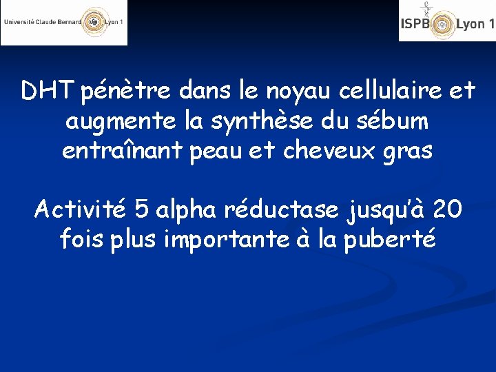 DHT pénètre dans le noyau cellulaire et augmente la synthèse du sébum entraînant peau