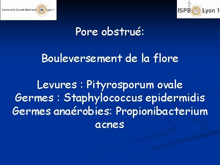 Pore obstrué: Bouleversement de la flore Levures : Pityrosporum ovale Germes : Staphylococcus epidermidis