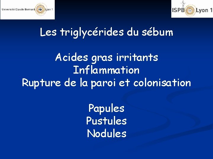 Les triglycérides du sébum Acides gras irritants Inflammation Rupture de la paroi et colonisation