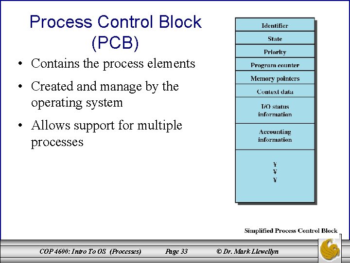 Process Control Block (PCB) • Contains the process elements • Created and manage by