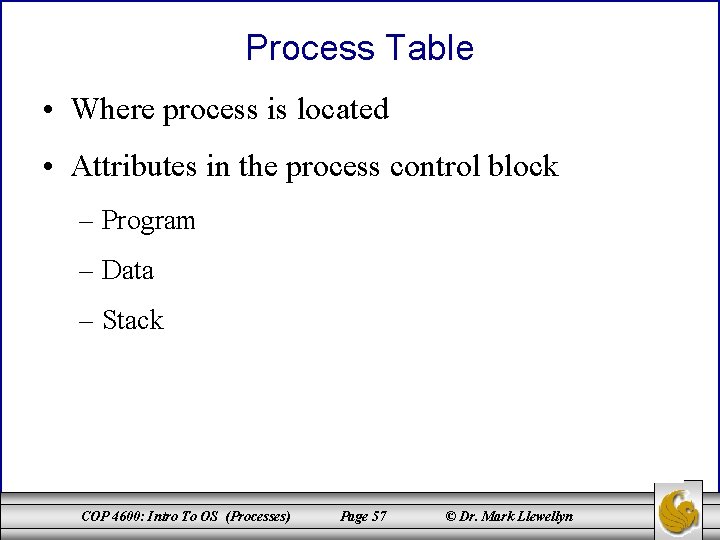 Process Table • Where process is located • Attributes in the process control block