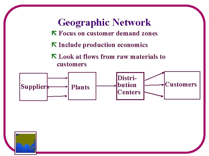 Geographic Network Focus on customer demand zones Include production economics Look at flows from