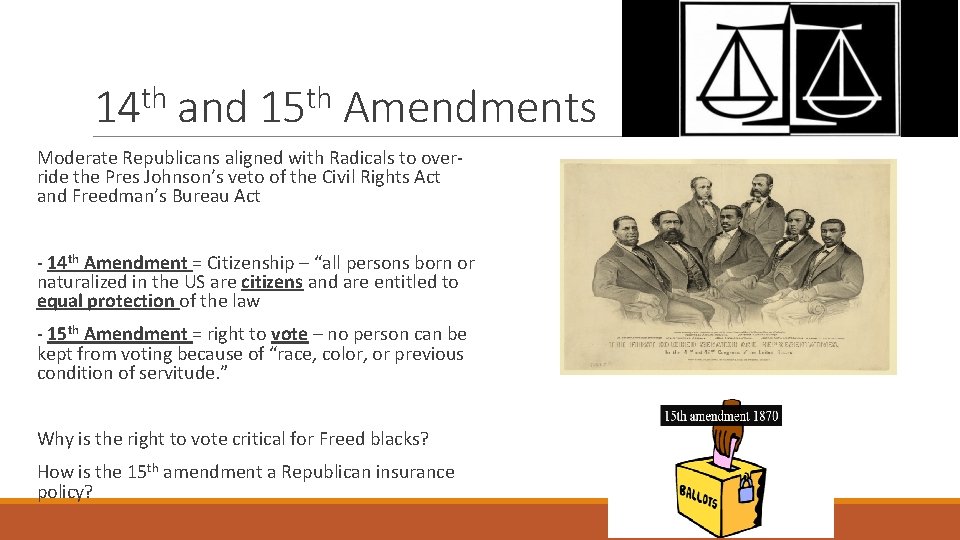14 th and 15 th Amendments Moderate Republicans aligned with Radicals to override the