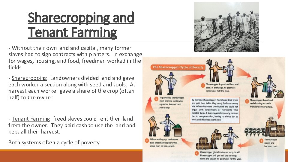 Sharecropping and Tenant Farming - Without their own land capital, many former slaves had