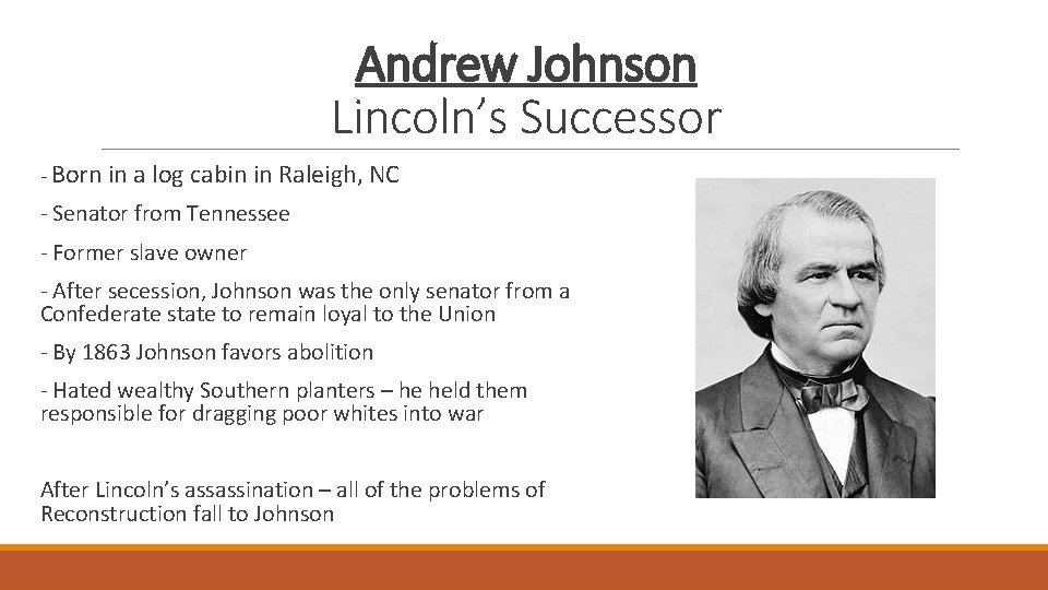 Andrew Johnson Lincoln’s Successor - Born in a log cabin in Raleigh, NC -