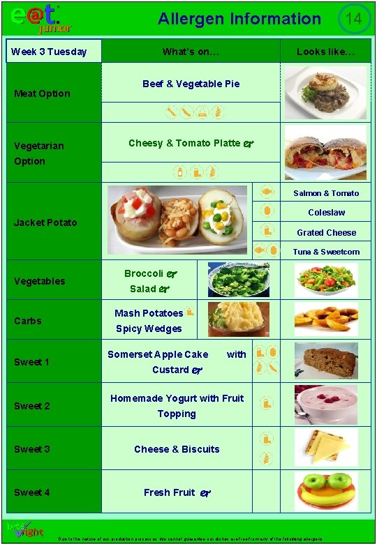 Allergen Information Week 3 Tuesday Meat Option Vegetarian What’s on… 14 Looks like… Beef