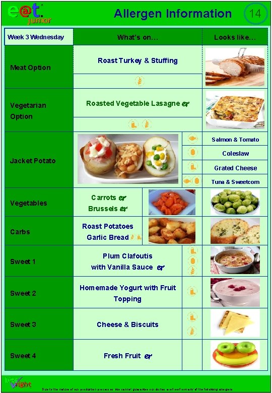 Allergen Information Week 3 Wednesday Meat Option Vegetarian What’s on… 14 Looks like… Roast