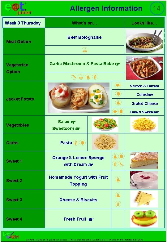 Allergen Information Week 3 Thursday Meat Option Vegetarian What’s on… 14 Looks like… Beef