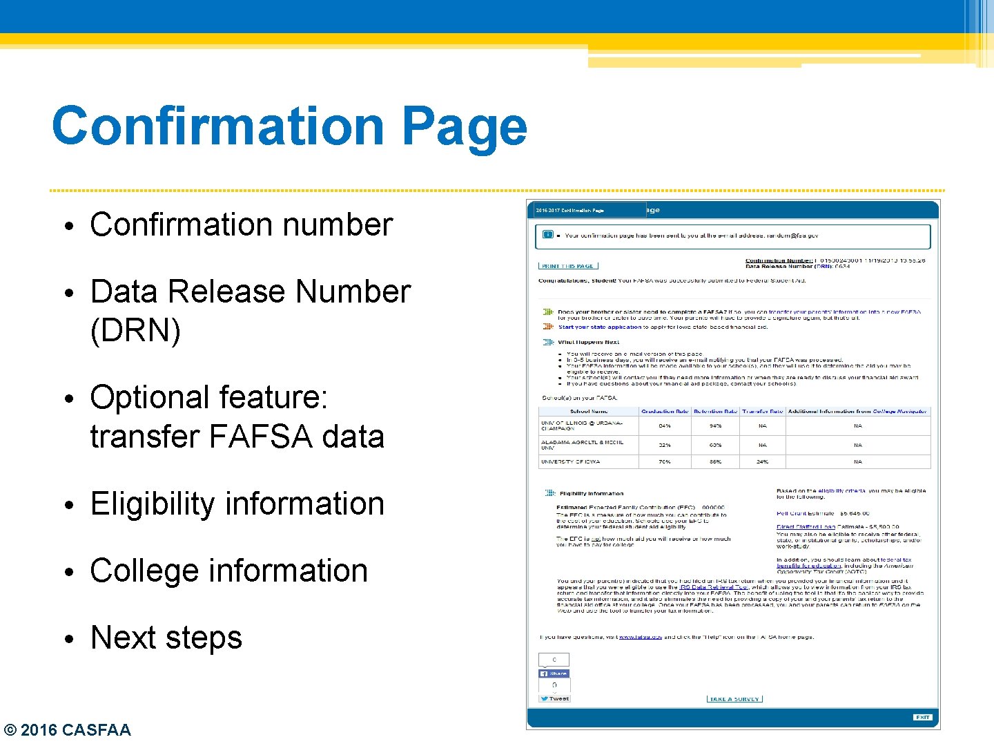 Confirmation Page • Confirmation number • Data Release Number (DRN) • Optional feature: transfer