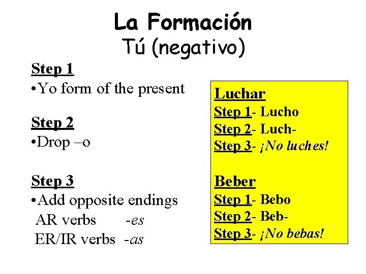 La Formación Tú (negativo) Step 1 • Yo form of the present Luchar Step