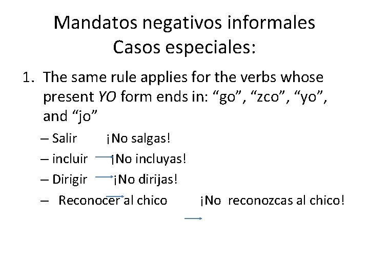 Mandatos negativos informales Casos especiales: 1. The same rule applies for the verbs whose