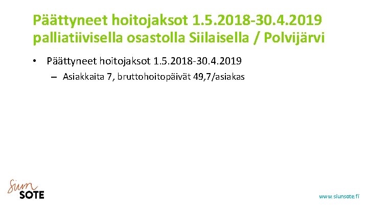 Päättyneet hoitojaksot 1. 5. 2018 -30. 4. 2019 palliatiivisella osastolla Siilaisella / Polvijärvi •