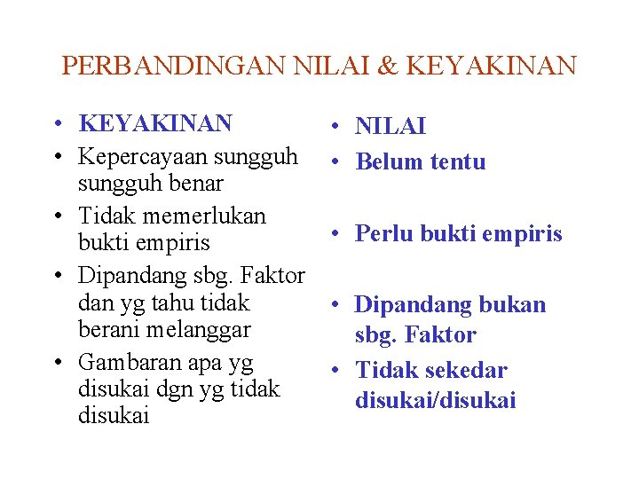 PERBANDINGAN NILAI & KEYAKINAN • Kepercayaan sungguh benar • Tidak memerlukan bukti empiris •