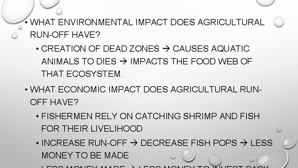  • WHAT ENVIRONMENTAL IMPACT DOES AGRICULTURAL RUN-OFF HAVE? • CREATION OF DEAD ZONES