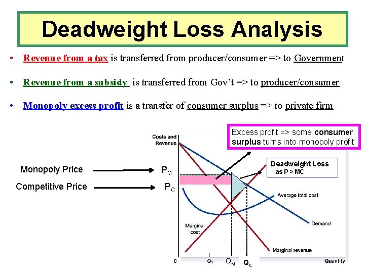 Deadweight Loss Analysis • Revenue from a tax is transferred from producer/consumer => to