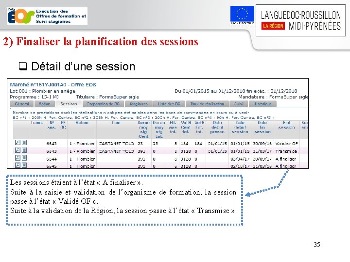 2) Finaliser la planification des sessions q Détail d’une session Les sessions étaient à