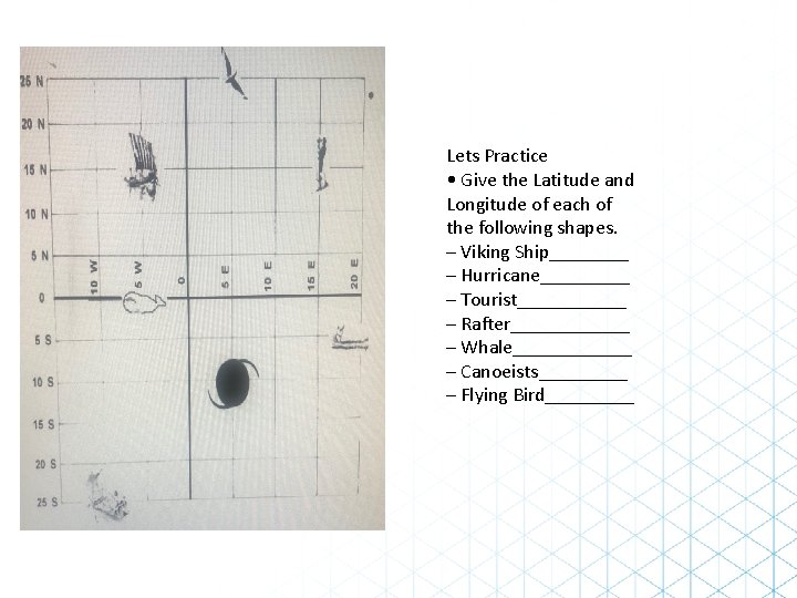 Lets Practice • Give the Latitude and Longitude of each of the following shapes.