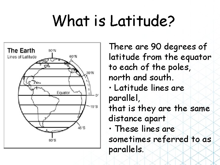 What is Latitude? There are 90 degrees of latitude from the equator to each