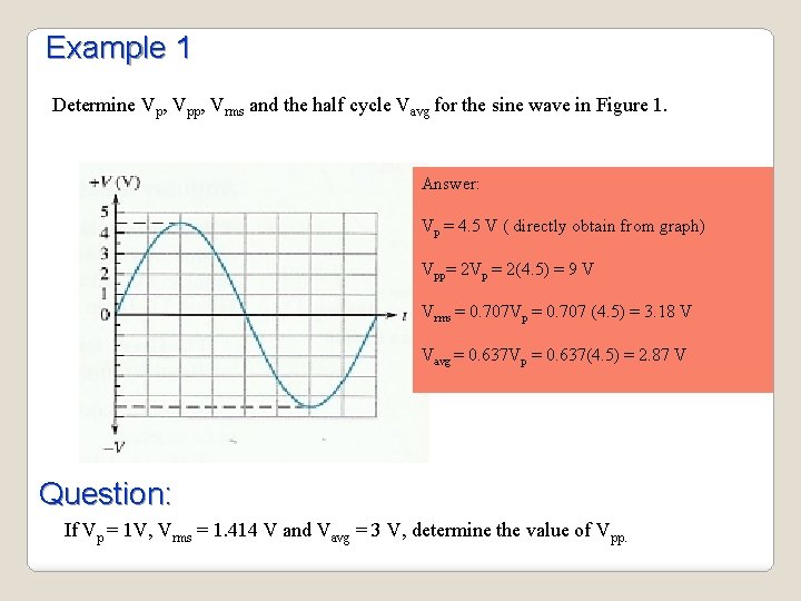 Example 1 Determine Vp, Vpp, Vrms and the half cycle Vavg for the sine