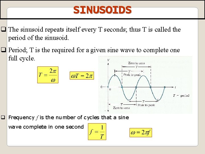 SINUSOIDS q The sinusoid repeats itself every T seconds; thus T is called the