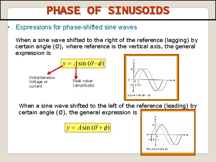 PHASE OF SINUSOIDS • Expressions for phase-shifted sine waves When a sine wave shifted