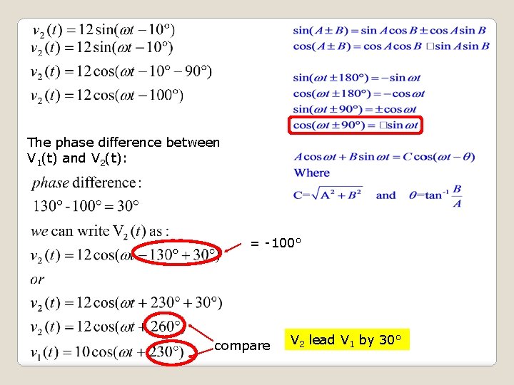 The phase difference between V 1(t) and V 2(t): = -100 o compare V