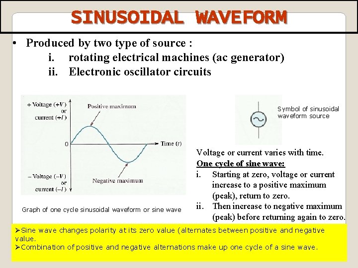SINUSOIDAL WAVEFORM • Produced by two type of source : i. rotating electrical machines SINUSOIDAL WAVEFORM • Produced by two type of source : i. rotating electrical machines