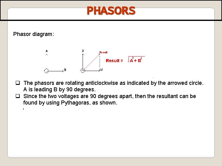 PHASORS Phasor diagram: q The phasors are rotating anticlockwise as indicated by the arrowed