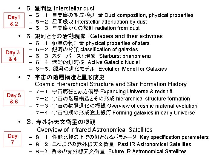  • ５．星間塵 Interstellar dust Day 1 &2 – ５－１．星間塵の組成・物理量 Dust composition, physical properties