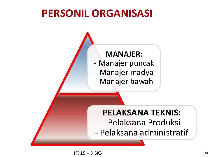 PERSONIL ORGANISASI MANAJER: - Manajer puncak - Manajer madya - Manajer bawah PELAKSANA TEKNIS: