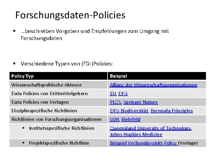 Forschungsdaten-Policies § …beschreiben Vorgaben und Empfehlungen zum Umgang mit Forschungsdaten § Verschiedene Typen von