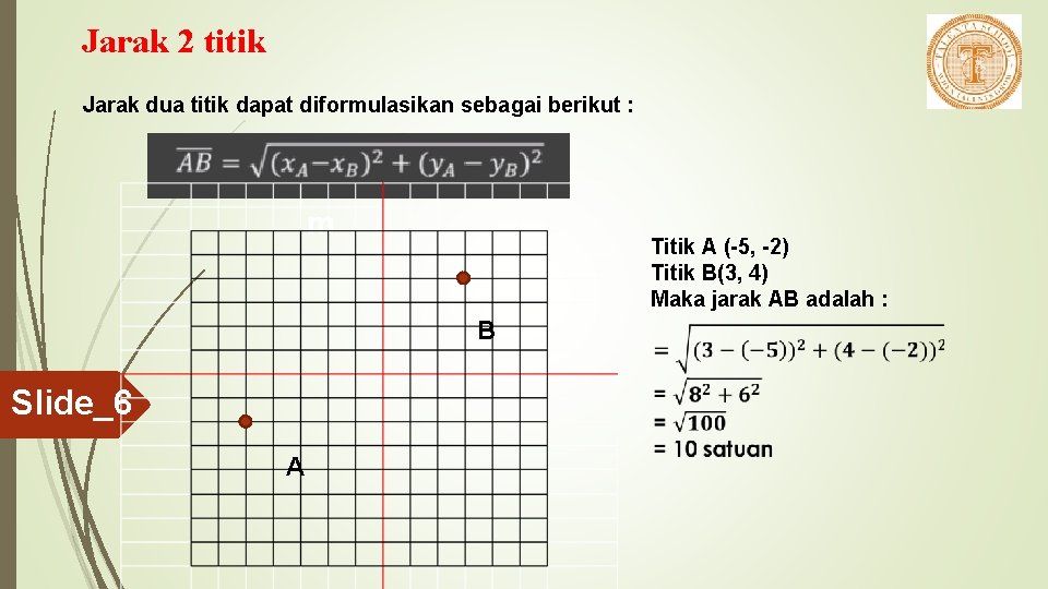 Jarak 2 titik Jarak dua titik dapat diformulasikan sebagai berikut : m Titik A