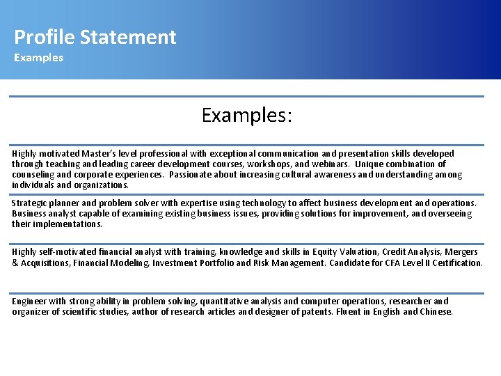 Profile Statement Examples: Highly motivated Master’s level professional with exceptional communication and presentation skills