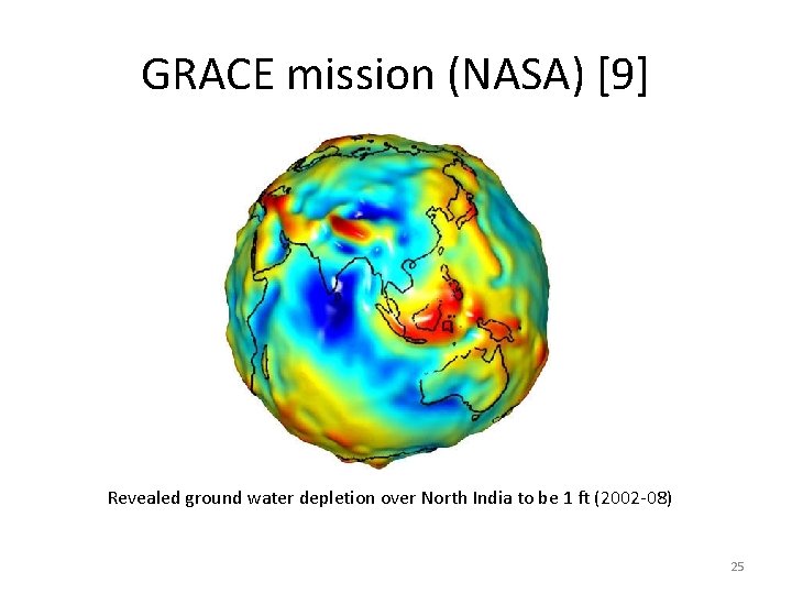 GRACE mission (NASA) [9] Revealed ground water depletion over North India to be 1