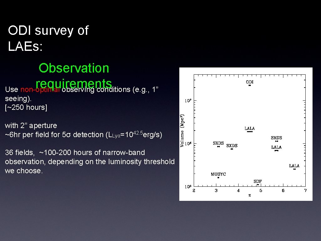 ODI survey of LAEs: Observation requirements Use non-optimal observing conditions (e. g. , 1”