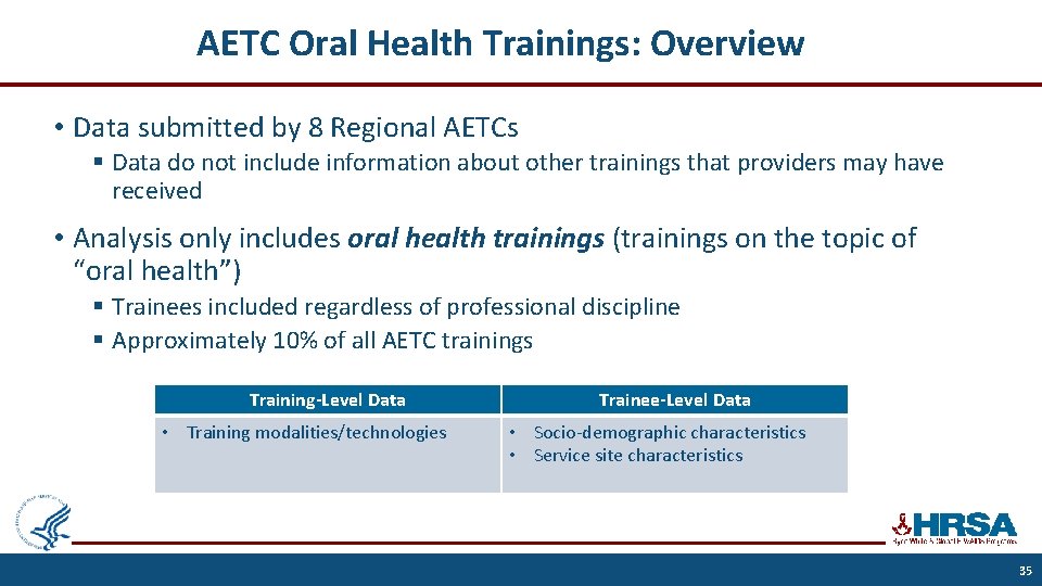 AETC Oral Health Trainings: Overview • Data submitted by 8 Regional AETCs § Data