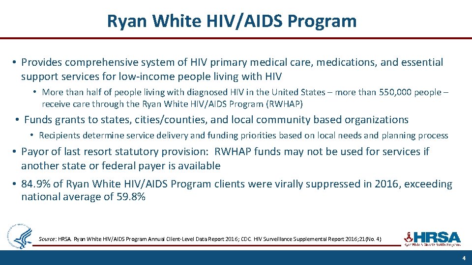 Ryan White HIV/AIDS Program • Provides comprehensive system of HIV primary medical care, medications,