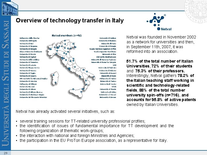 Overview of technology transfer in Italy Netval was founded in November 2002 as a