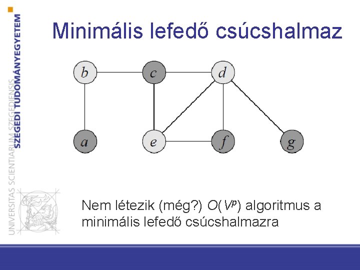 Minimális lefedő csúcshalmaz Nem létezik (még? ) O(Vp) algoritmus a minimális lefedő csúcshalmazra 