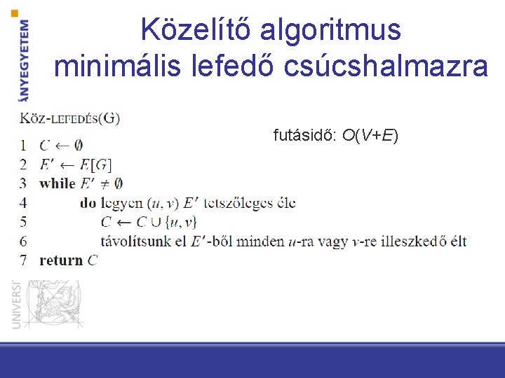 Közelítő algoritmus minimális lefedő csúcshalmazra futásidő: O(V+E) 