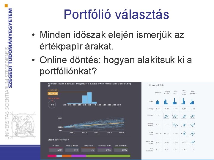 Portfólió választás • Minden időszak elején ismerjük az értékpapír árakat. • Online döntés: hogyan