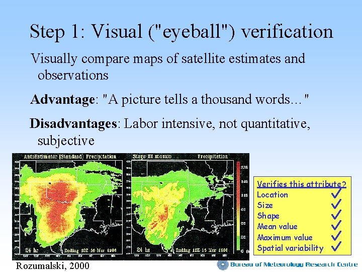 Step 1: Visual ("eyeball") verification Visually compare maps of satellite estimates and observations Advantage: